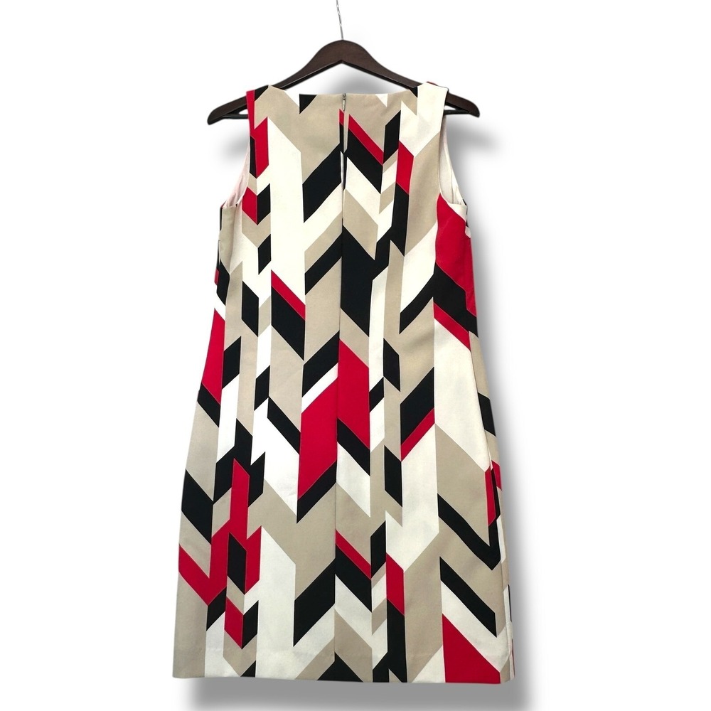 BOSS Hugo Boss Geometric Sheath Dress 10 Red Black Beige V Neck Portugal 40s Mod - Picture 3 of 7